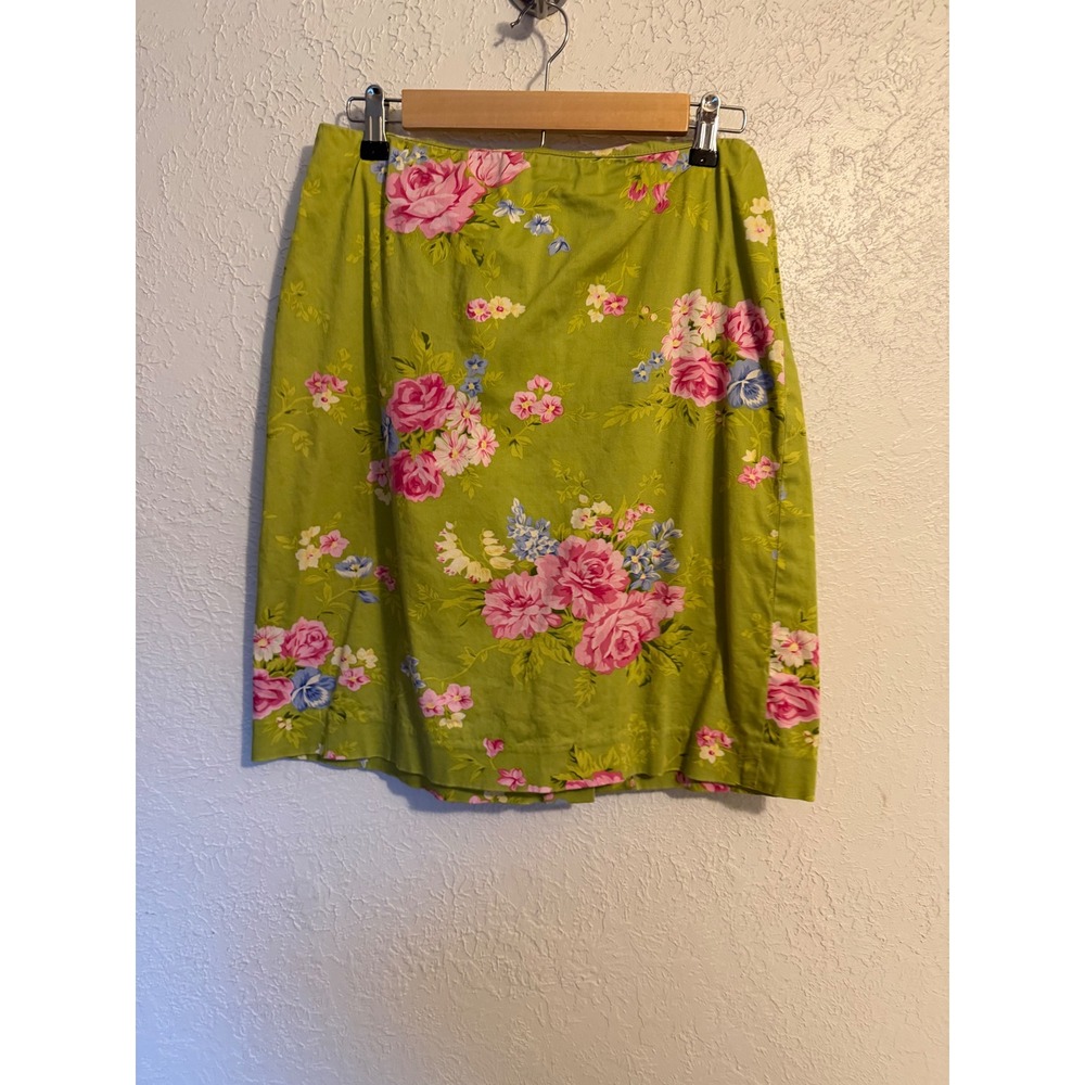 Jones New York Country Green Floral Cotton Pencil Skirt Size 4 Pink Blue Rose